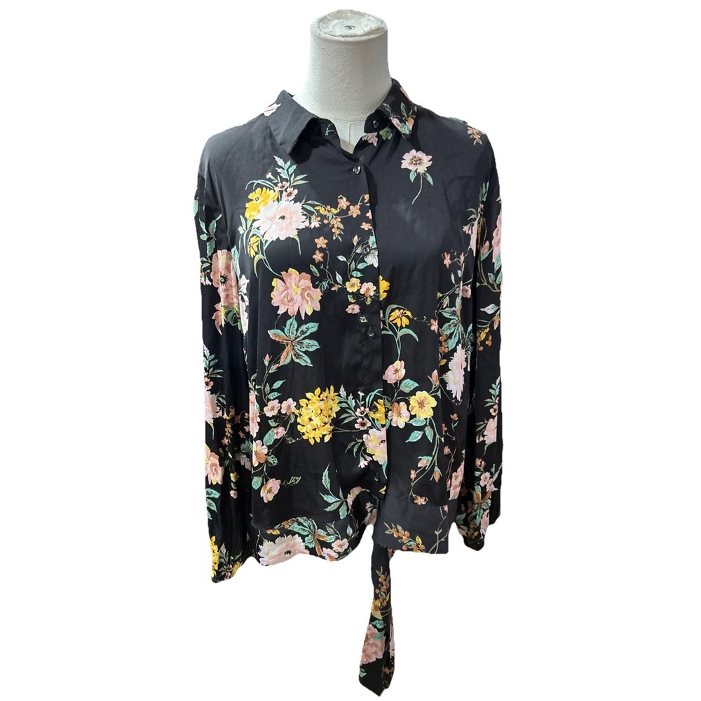 lc lauren conrad Womens Shirt Top Button Large Long Sleeves Floral Flowers Black